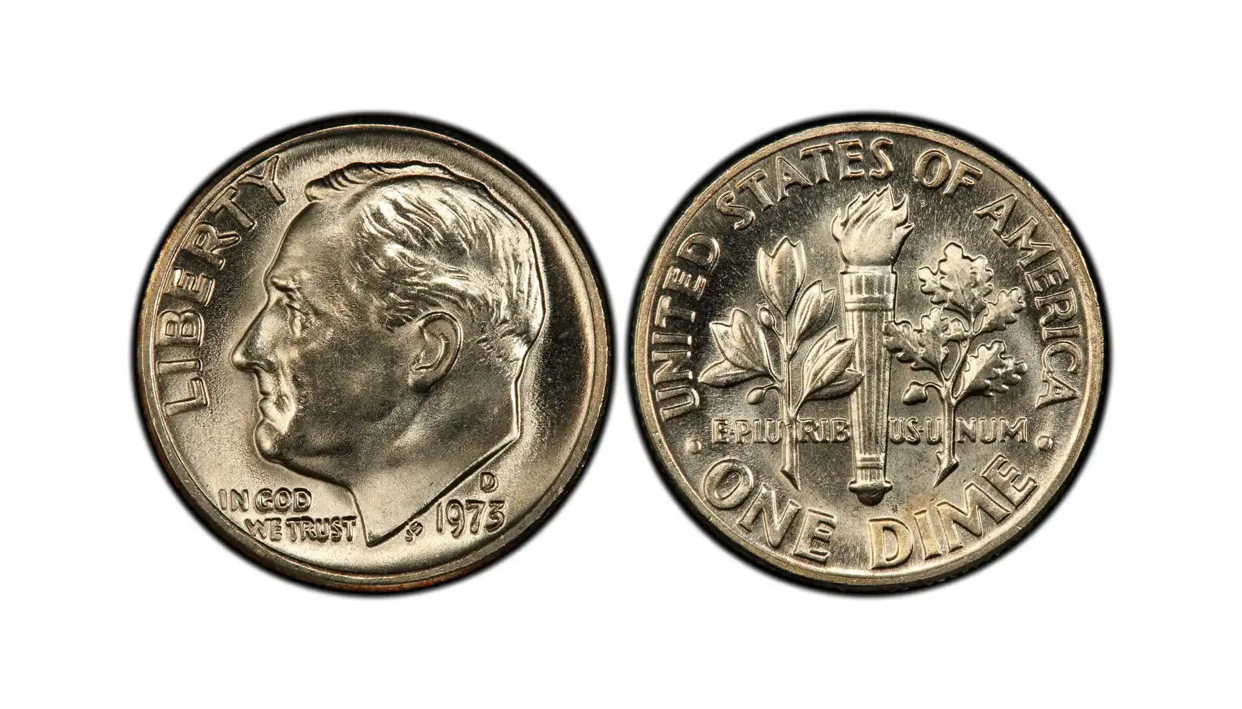 1973 Roosevelt dime reverse comparison showing common weak-strike torch bands on left versus Full Bands (FB) crisp separation on right