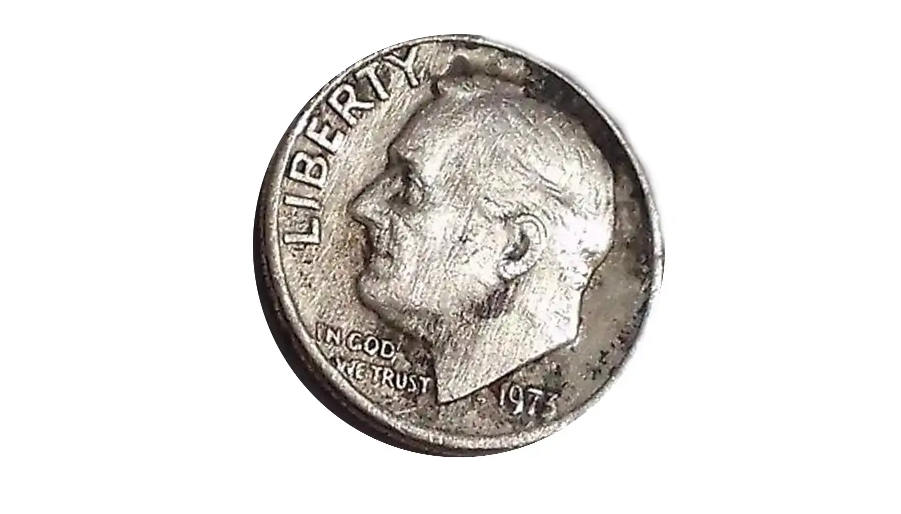 1973 Roosevelt dime off-center strike error showing blank planchet area and partial design