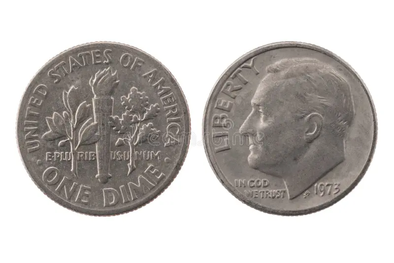 1973 Roosevelt dime grading strip showing four condition tiers from worn to gem uncirculated